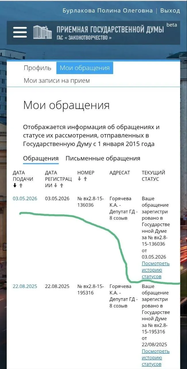 Юристка и волонтёрка Полина Бурлакова обратилась к депутату Госдумы Ксении Горячевой с требованием ускорить подготовку законопроектов о мерах против домашнего насилия: охранные ордера, запрет приближения, ужесточение ответственности полиции. Петиция собрала 100 тысяч подписей и допускает федеральное рассмотрение.