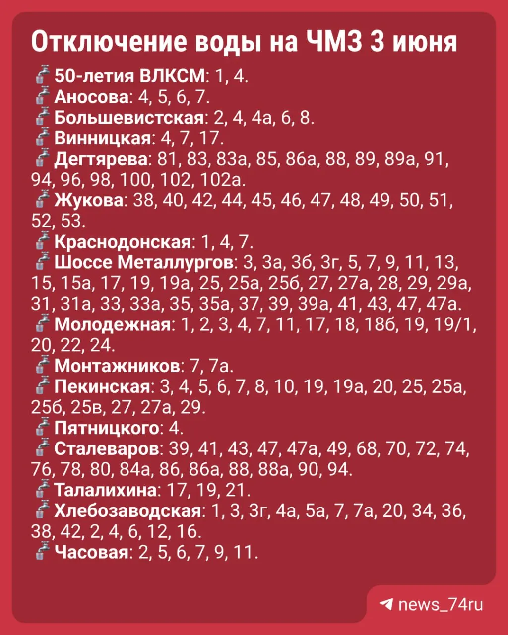 3&nbsp;июня в&nbsp;ЧМЗ&nbsp;без&nbsp;воды останутся 160&nbsp;домов