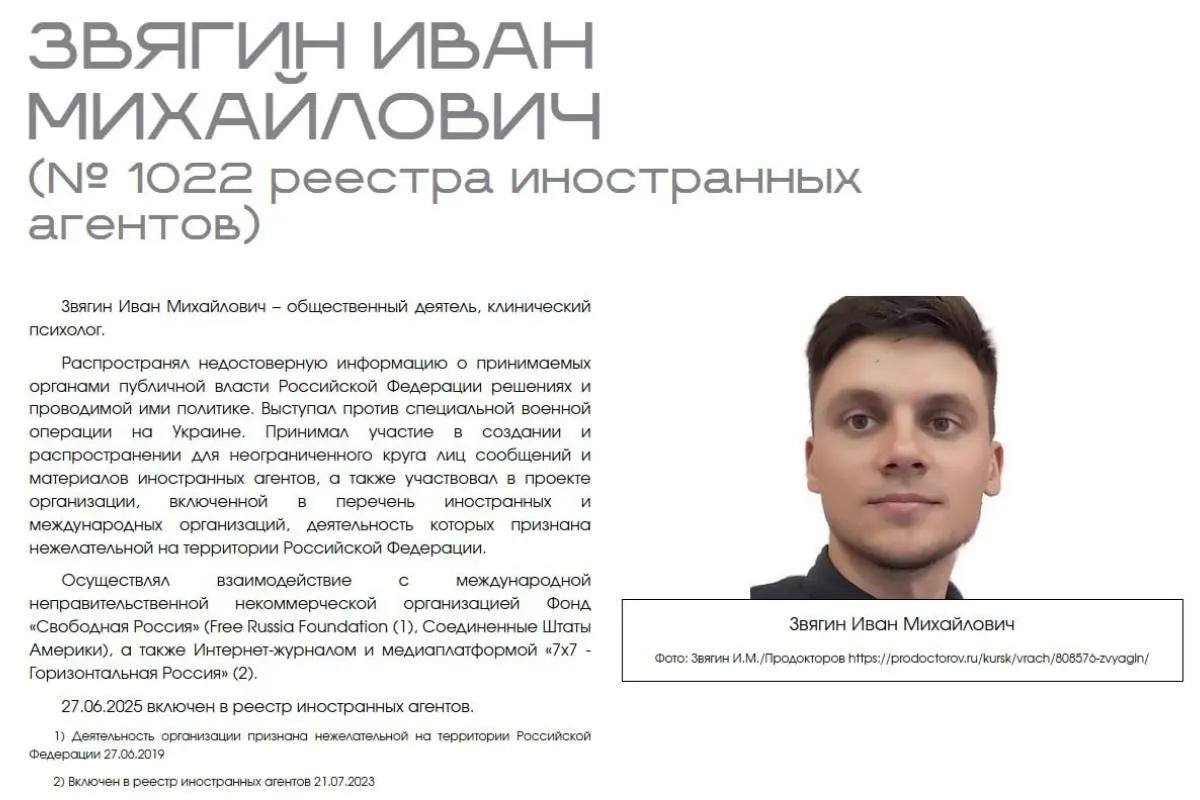 Иван Звягин требует возмещения за якобы публичную дискриминацию и нарушение прав после появления на сайте Минюста раздела с «выставкой» иностранных агентов.