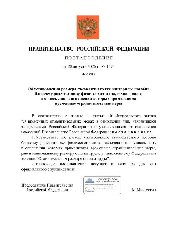 Правительство предложит ежемесячное гуманитарное пособие в размере МРОТ близким граждан, попавшим под временные ограничительные меры.