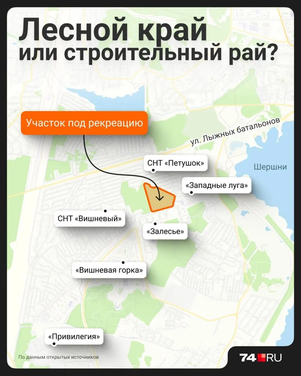 У западной окраины Шершневского водохранилища арендатор получил 4,8 га березняка на почти полвека. По словам арендатора, здесь планируют рекреационную зону с парком развлечений и аттракционами; жители опасаются за экологию и характер застройки.