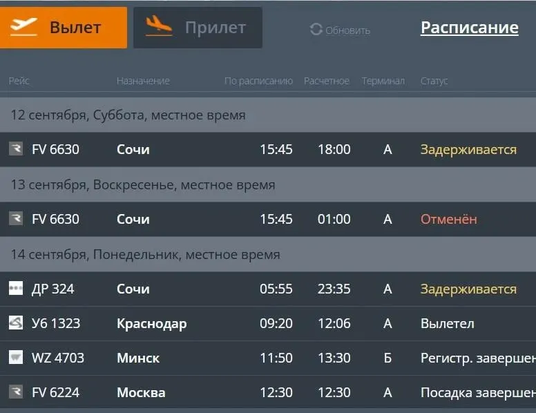 Рейсы между Челябинском и Сочи задержаны на двое суток; в Сочи введены и частично сняты ограничения на прием и выпуск самолётов, у ряда компаний изменено расписание.