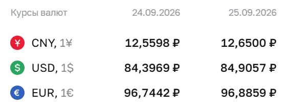 Официальные курсы на пятницу: доллар — 84,91 ₽, евро — 96,89 ₽, юань — 12,65 ₽. По курсу ЦБ учитываются расчеты по ряду инструментов и фьючерсам на доллар и евро.