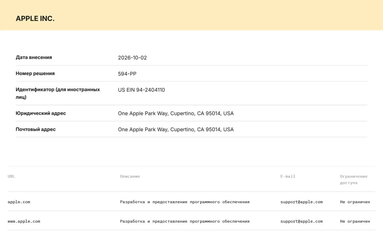 Роскомнадзор включил Apple и Microsoft в реестр организаций, осуществляющих распространение информации; компании обязаны хранить данные пользователей на российских серверах и передавать их по требованию правоохранительным органам.